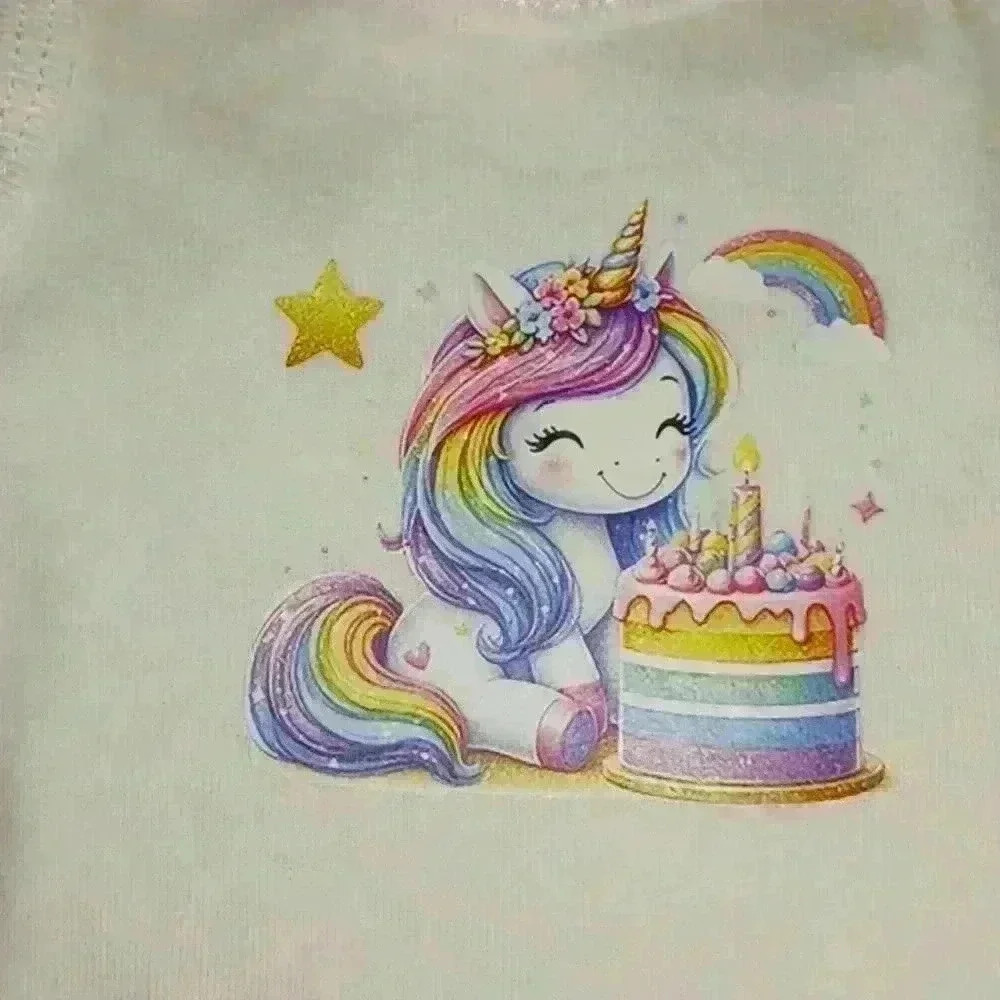 NWOT - Handmade White New Born Bodysuit - Unicorn & Birthday Cake